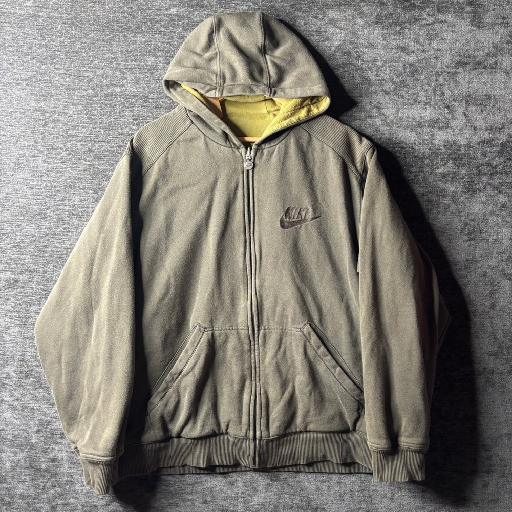 Vintage Nike Mens Full Zip Olive Green Hoodie L Heavyweight  Embroidered Logo
